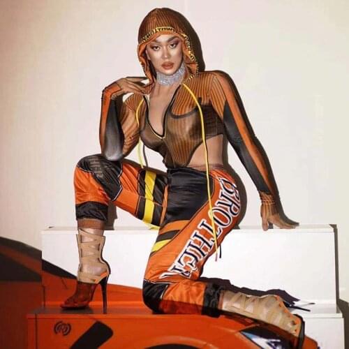 Sexy V-collar Hooded Bodysuit Pants 2-Piece Set Women DJ Jazz Modern Dance Costume Nightclub Bar Dancer Performance Clothes