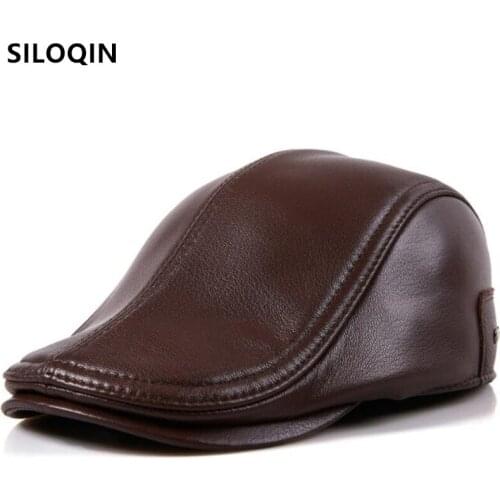 SILOQIN Adjustable Size Autumn Mens Cap Natural Genuine Leather Hat Sheepskin Berets Snapback Cap Casual Brand Black Tongue Cap