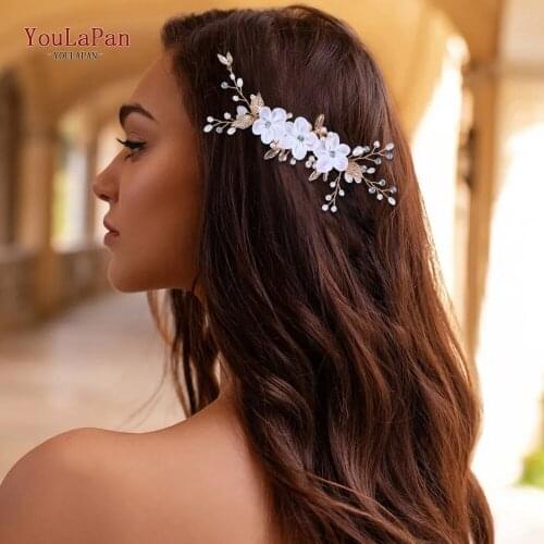TOPQUEEN HP76 Golden Wedding Hair Clips Organza Flower Bridal Comb Bridal Hair Pieces Wedding Headpieces Golden Hair Piece