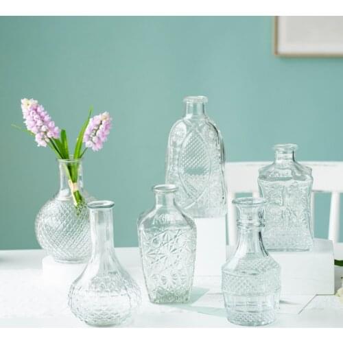 Free Shipping Modern Glass Vase For Bedroom Embossed Small Vase Hydroponic Transparent Flower Arrangement Aromatherapy Bottles