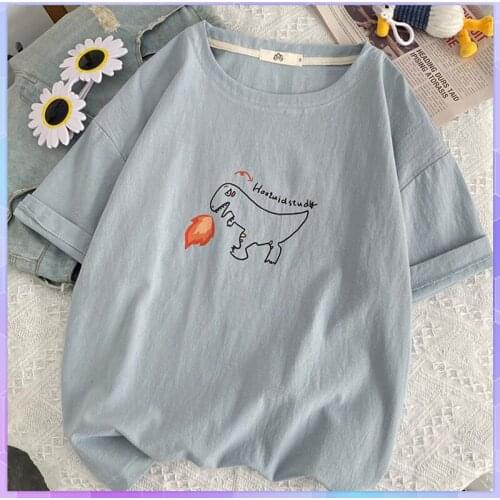 Dinosaur Womens Cotton Linen Tee Shirt Short Sleeve T-shirt Plus Size Cartoon Loose T-shirts Bisexual Top Female Clothing