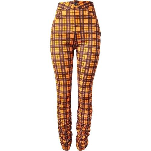Women Autumn Clothing, Plaid High-Waist Button Open Close-Fitting Pants with Pleated Legs for Ladies, Red/Orange/Beige