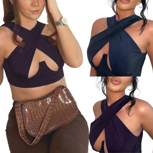 Womens Cross Halter Wrap Crop Tops Sleeveless Solid Color Cutout Bandage Camisole New Fashion 2021