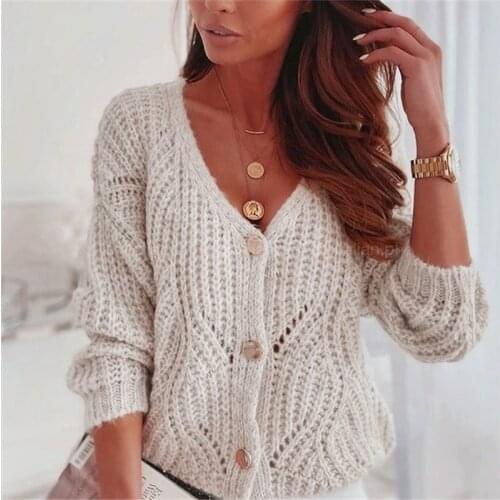 Knitted Hollow Out Womens Sweater V-neck Drop Shoulder Long Sleeve Cardigan For Women 2021 Autumn Winter Ladies Loose Sweaters