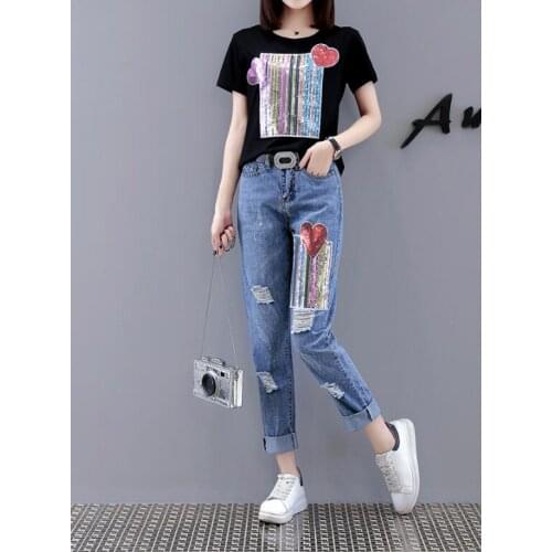 2021 Women Summer Sequined Heart T-shirts Denim Pants Sets Cotton Tshirt + Ankle-Length Pants Hole Trousers 2 Piece Set Suits