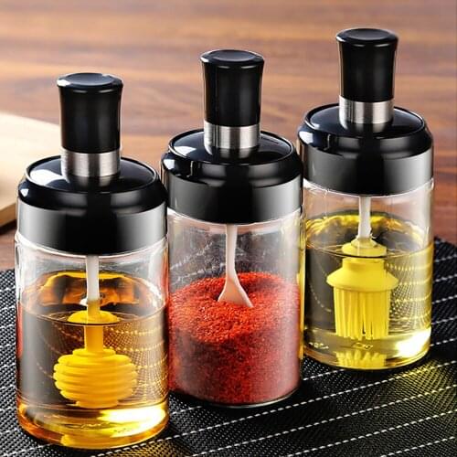 250ml Seasoning Bottles Glass Condiment Storage Containers Condiment Pot Spice jar with Spoon Honey Pot Oil Brush Bottle