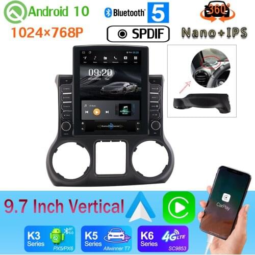 9.7" Tesla Style PX6 4+64G GPS Android 10 Radio For Jeep Wrangler 3 JK 2010-2017 360 4*AHD Camera Car Media Nano+IPS CarPlay DSP
