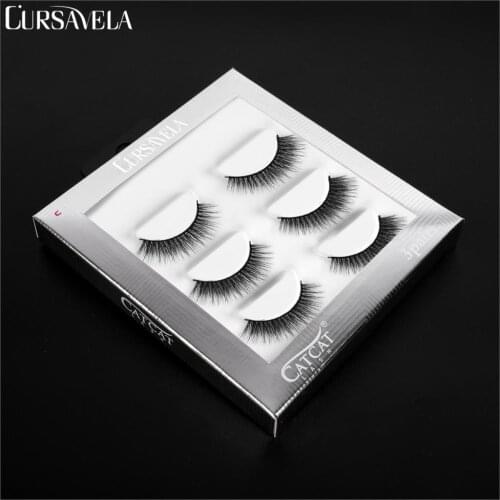 Cursavele 3 Pairs Faux Mink Hair False Eyelashes Long Wispies Lashes 3D Handmade Cruelty-free Silk Eyelash Natural Makeup Tool