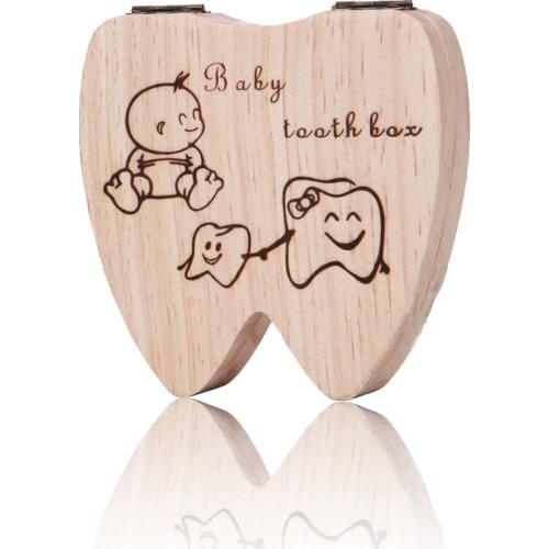 Teeth Shape Wooden Baby Teeth Box Organizer Milk Teeth Storage Collector Kids Teeth Umbilica Lanugo Save Box English / Spanish