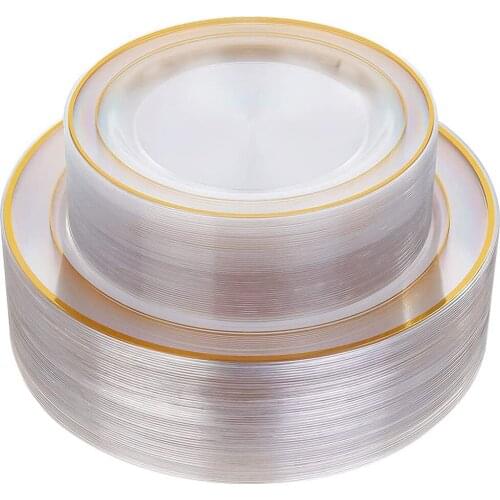 10 Pieces of 7.5in Dessert Plate and 10 Pieces of 10.25in Dinner Plate Combination Golden Transparent Disposable Plastic Plate