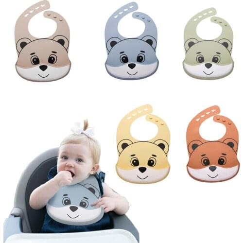 Baby Bib 1PC Cartoon Silicone Bear Adjustable Bib Multicolor No BPA Baby Feeding Tableware Accessories Waterproof Infant Bibs