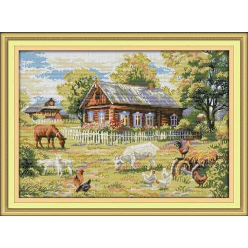 Joy Sunday Farm and Ranch Scenery Cross Stitch Animal Landscape Printe Cloth Chinese Embroidery Needlework Decoracion for Home