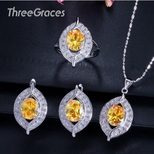ThreeGraces Fashion Elegant Jewelry Cubic Zirconia Crystal Yellow Stones Necklace Earrings Ring Sets Best Friend Gift JS112