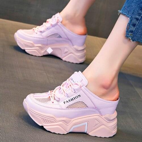 Summer High Heels Womens Cow Leather Slippers Mules Sandals Platform Wedge Fashion Sneaker Comfort Beach Shoes Lace up Oxfords