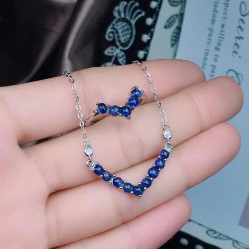 Fashion cute triangle Natural blue sapphire S925 silver ring Necklace natural gemstone Jewelry Set girl birthday gift jewelry