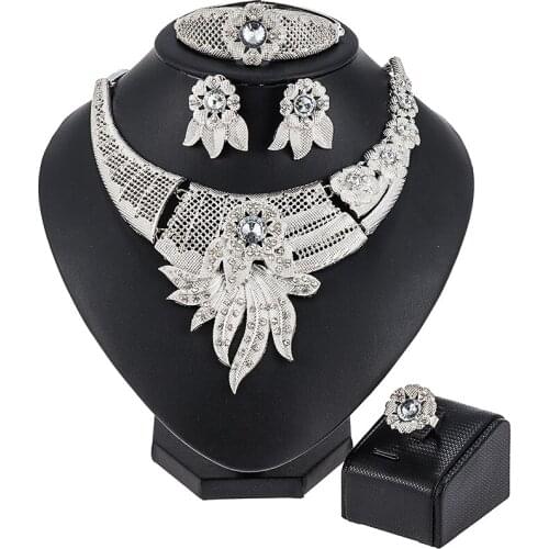 Fashion African Leaves Shape Silver Plated Clear Crystal Jewelry Set New Fashion Wedding Bridal African Costume Jewelry Sets