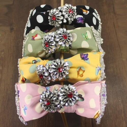 New Fashion Baroque Color Fabric Bowknot Shiny Clear Crystal Rhinestone Tassel Headband Womens Prom Travel Headwear Accesories