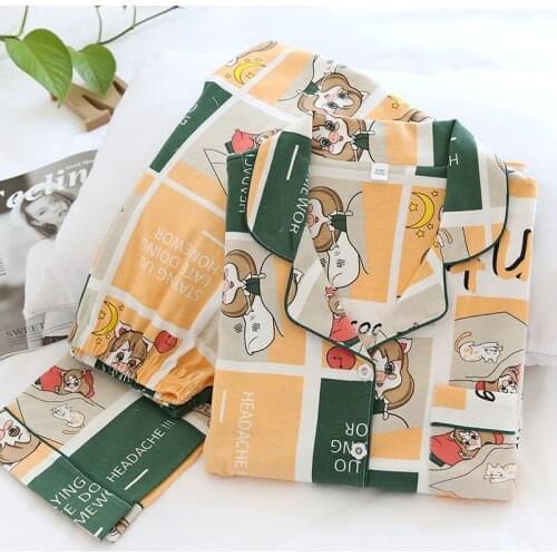New Womens Knitted Cotton Pajamas Suit, Classic Printing Long-sleeved Lapel Large Size Loose Home Clothes, Cotton Home Clothes