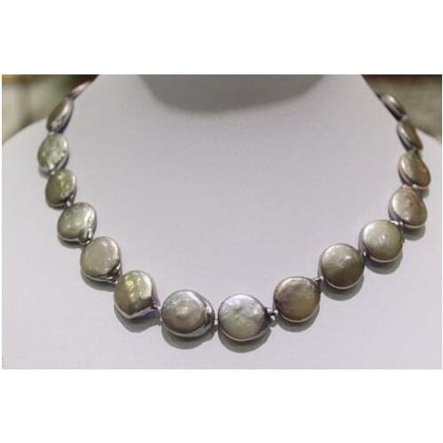 Wholesale Handwork Pearl Jewellery,Coin Shaper Freshwater Pearl Necklace, Gray 14-15mm 17inches