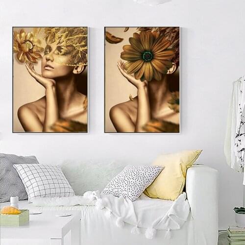 Scandinavian Style Poster Golden Girl Flower Canvas Paintings Wall Pictures For Living Room Modern Portrait Art Home Decor