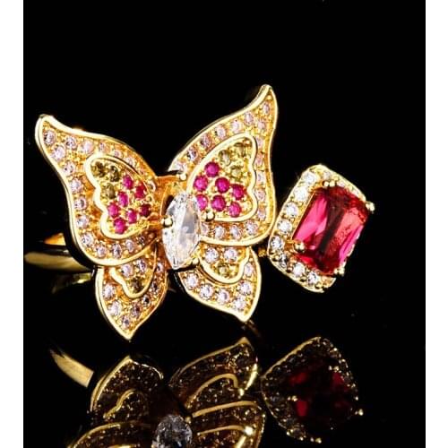 Luxury Charm Butterfly Rings With Square Red Zircon Adjustable Size Jewelry Womens Wedding Party Unique Exquisite Accessories