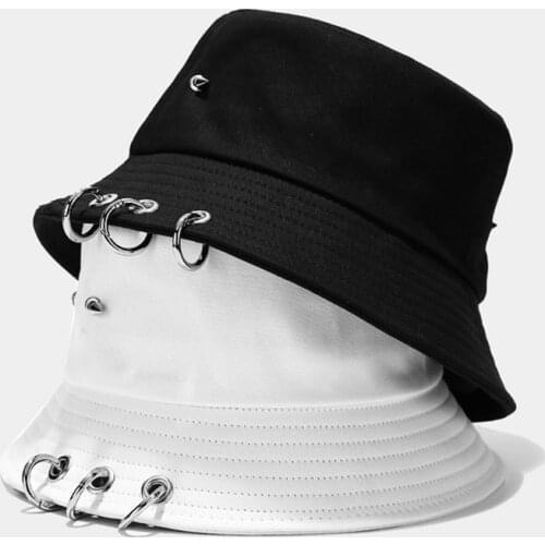 Jungkook Harajuku Hip Hop Solid Color Bucket Hat Spiked Rivets Metal Rings Outdoor Wide Brim Sunscreen Fisherman Cap