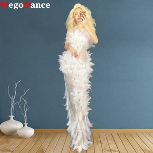 Rhinestone White Feather Transparent Long Dress Birthday Celebrate Outfit Bar Women Dancer Prom Singer