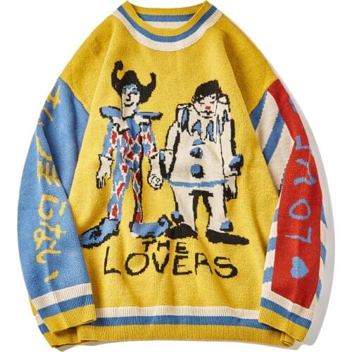 LACIBLE Harajuku Sweater Pullover Men Patchwork Clown Print Knitted Sweater Hip Hop Streetwear Retro 2021 Spring Male Loose Tops