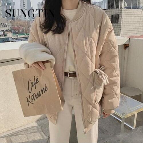 Sungtin Corduroy Warm Parkas Women Oversized 2021 Winter Thicken Loose Jackets Female Korean All Match Fashion Padded Clothing
