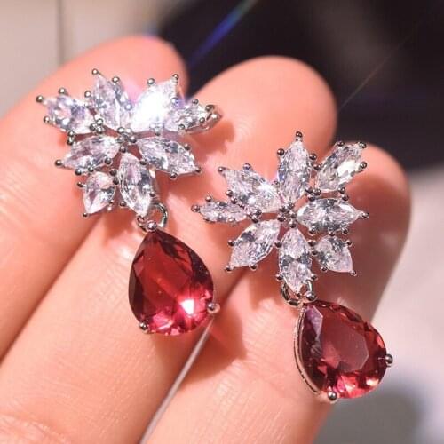 Luxury Elegant Drop Earrings Hanging Red Water Drop Zircon Flower Geometry Fashion Jewelry For Women Wedding Anniversary Gifts