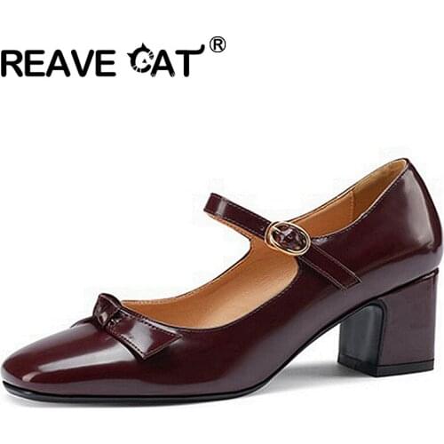 REAVE CAT New 2021 Women Pumps Square Toe 5.5cm Block Heels Genuine Leather Buckle Classic Elegent Big Size 43 Casual A3775