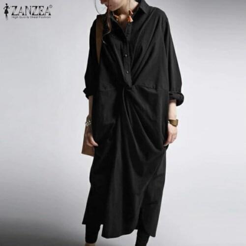 Stylish Asymmetrical Shirt Dress Womens Solid Sundress 2021 ZANZEA Casual Long Sleeve Midi Vestidos Female Lapel Robe Oversized