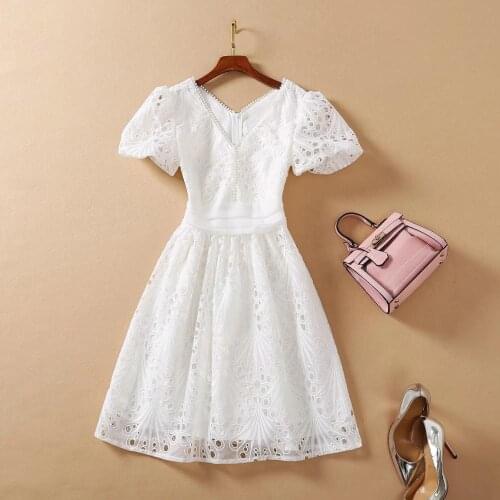 Quality Lace High Women Summer Puff Sleeve V-Neck Pearls Beading Hollow Out Elegant Office Ladies White Dress