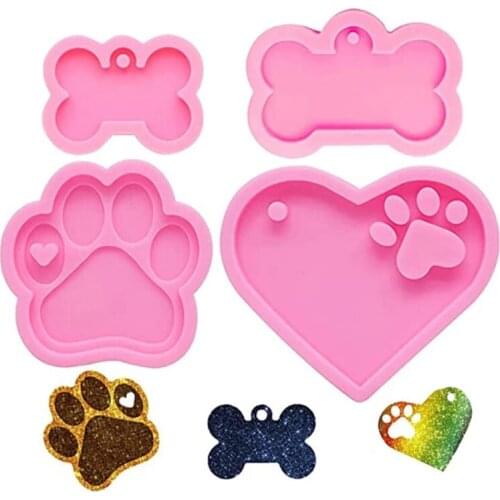4 Pcs Dog Paw Bone Keychain Epoxy Resin Mold DIY Crafts Jewelry Casting Tool Necklace Pendant Silicone Mould