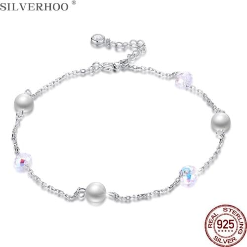 SILVERHOO S925 Sterling Silver Anklets For Women Round Beads Austria Crystal Anklet Bracelets Famale Birthday Gift Fine Jewelry