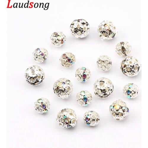 50pcs Metal Silver Plated AB Rhinestone Crystal Beads 6/8mm Round Ball Spacer Beads For Jewelry Making Findings DIY Bracelet