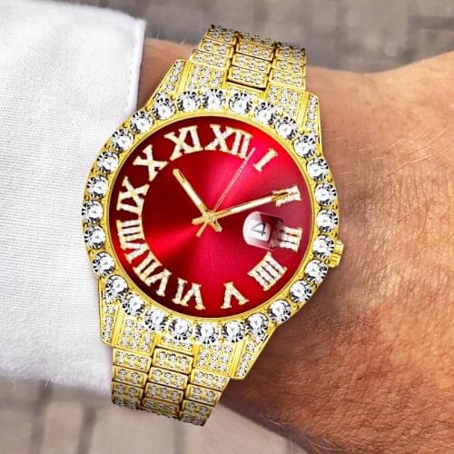Red Dial Watch MISSFOX Fashion Ice Out Watch Men Hip Hop diamond Clock Golden Watches Mens Quartz Wristwatch Relogio Masculino