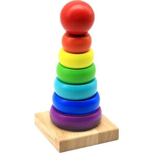 Childrens Classic Rainbow Tower Wooden Stacked Tower Educational Puzzle Matching Toy Geometric Shape Pairing Fun Assembling Toy