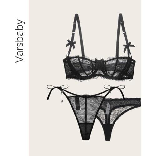 Varsbaby Women Underwear Set Sexy Bra Set Half Cup Mesh Underwire Bra See Through Thong + Lace G-string Lingerie Set
