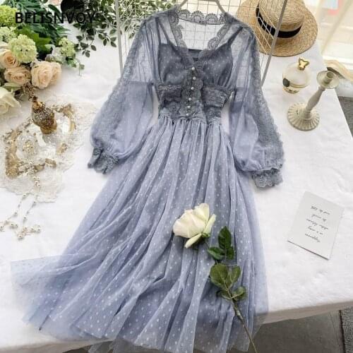 Korean Chic Autumn Women Long Fairy Dress V Neck Bluish Grey Green Pink Polka Dot Mesh Dress Elegant Gorgeous 2 Pcs Party Dress