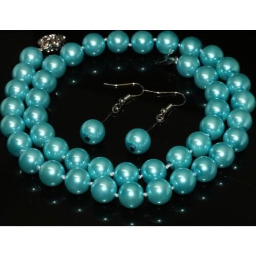 Creative women sky blue simulated-pearl shell 10mm round beads hot sale fashion necklace earrings jewelry set 18inch B2331