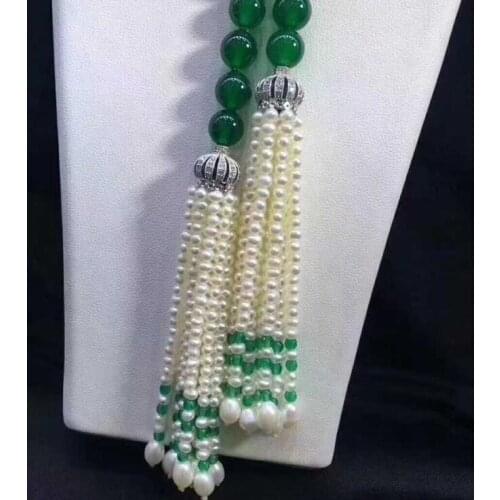 Hot sell natural 8mm green jade beads micro inlay zircon long necklace25inch sweater chain pearl tassel luxury jewelry
