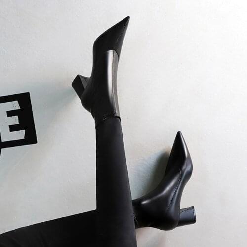 European and American Fashion Simple Thick Heel High Heel All-match Pointed Womens Boots Slim Nightclub Sexy Short Boots
