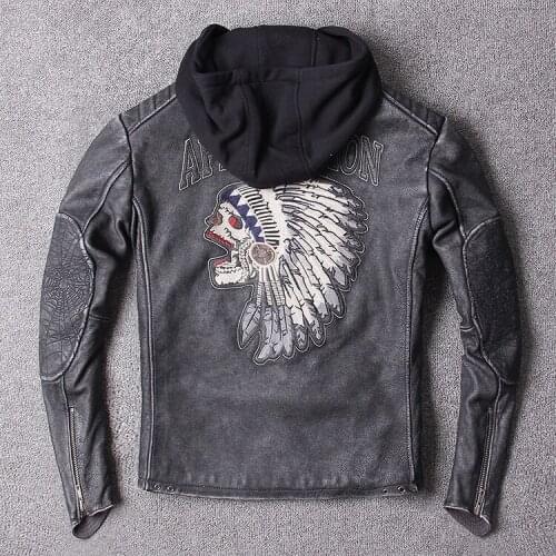 2020 Men Vintage Gray Motorcycle Genuine Leather Jacket 3D Indian Embroidery Thick Cowhide Slim Fit Biker Leatehr Jackets