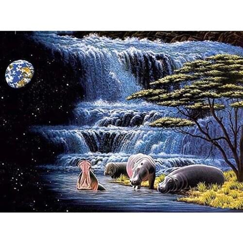 Waterfall scenery Full Square round Drill 5D DIY Diamond Painting hippo Diamond Embroidery icons,Cross Stitch,decor hom