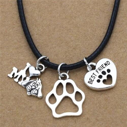 New I Love My Dog Lover Gifts Cute Best Friend Heart Dogs Paw Pendants Necklace Leather Chain Pendant Necklace