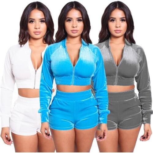 NOXNEX Velvet Sexy 2 Piece Sporty Sets Womens Outfits Casual Tracksuit Long Sleeve Zipper Jacket Crop Tops And Shorts