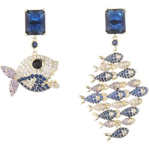 Fashion Big fish eat small fish Asymmetry Earrings For Women Micro Pave Cubic Zirconia Copper Gold-Plated Jewelry Design Earring