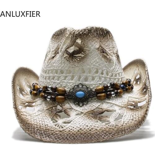 A180 Adult Raffia Sun Hat Vintage Turquoise Leather Belt Bohemian Style Cowboy Hat Male and Female Straw Sun Caps Travel Caps