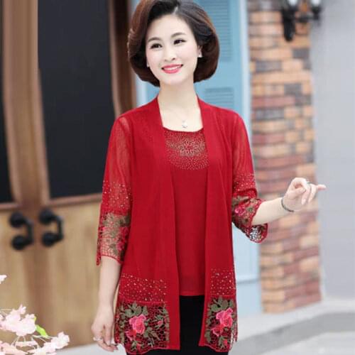Heavy Industry Lace Embroidery Stitching Women 2pcs Suit Fashion Middle-Aged Mom Summer Shawl Cardigan Two-piece Plus Size 5XL